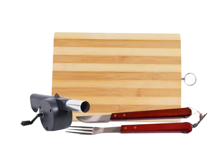 Set de Asado + Soplador de Fuego + Tabla de Madera
