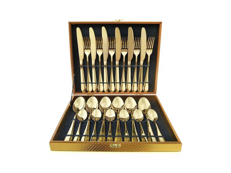 Set Maleta Juego Cubiertos 24 Piezas Dorado