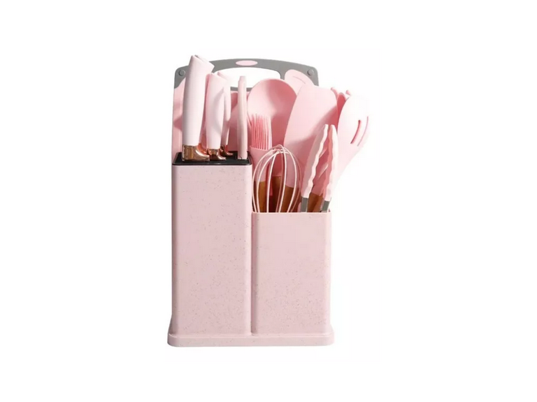 Set 19 Utensilios Cocina Silicona Acero Inoxidable Rosa
