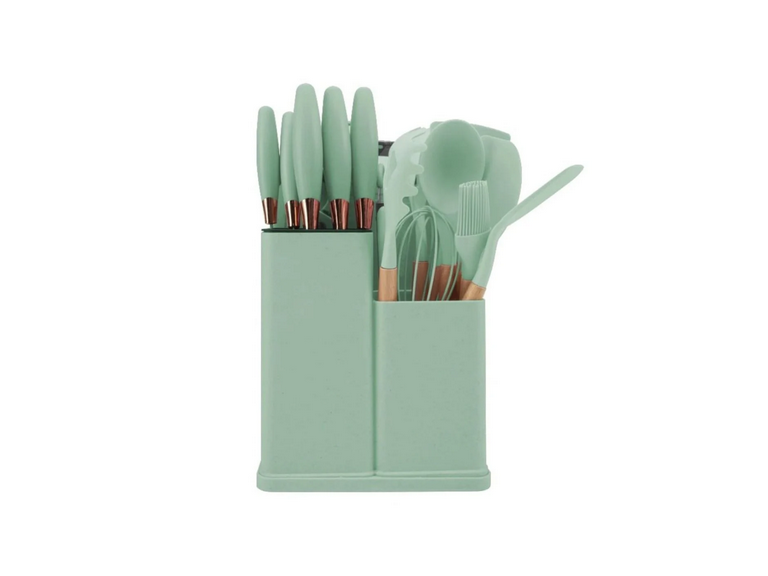 Set 19 Utensilios Cocina Silicona Acero Inoxidable Verde